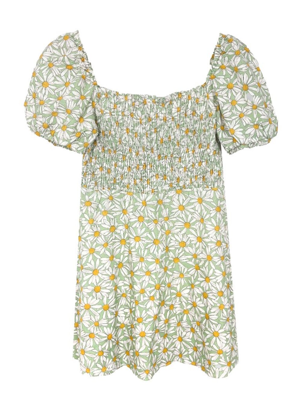 ZARA Women’s Green Daisy Print Smocked Mini Dress Floral Linen Sz Small